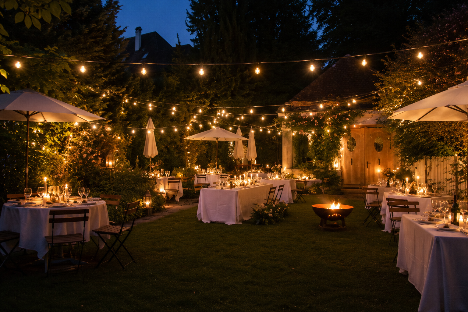 Sommernacht im Garten einer Stadtvilla mit Lichterketten und Kerzen
